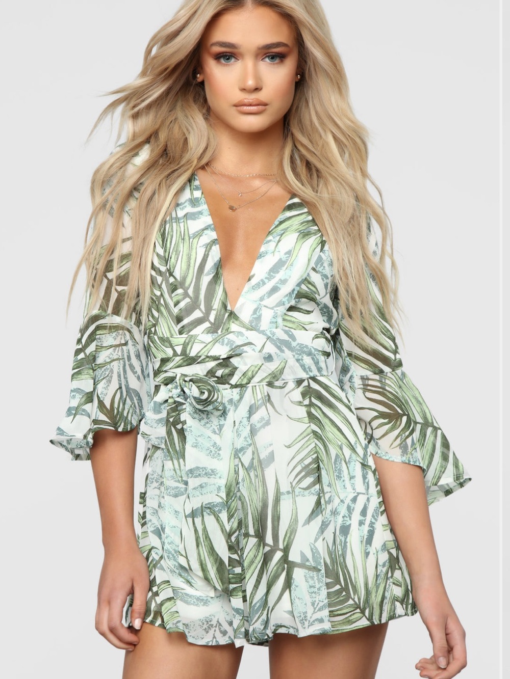 Fashion Nova Ivory & Green Tropical Wrap Romper